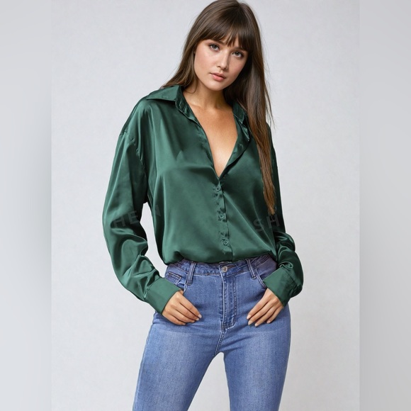 Tops - Emerald Satin Button Up Blouse